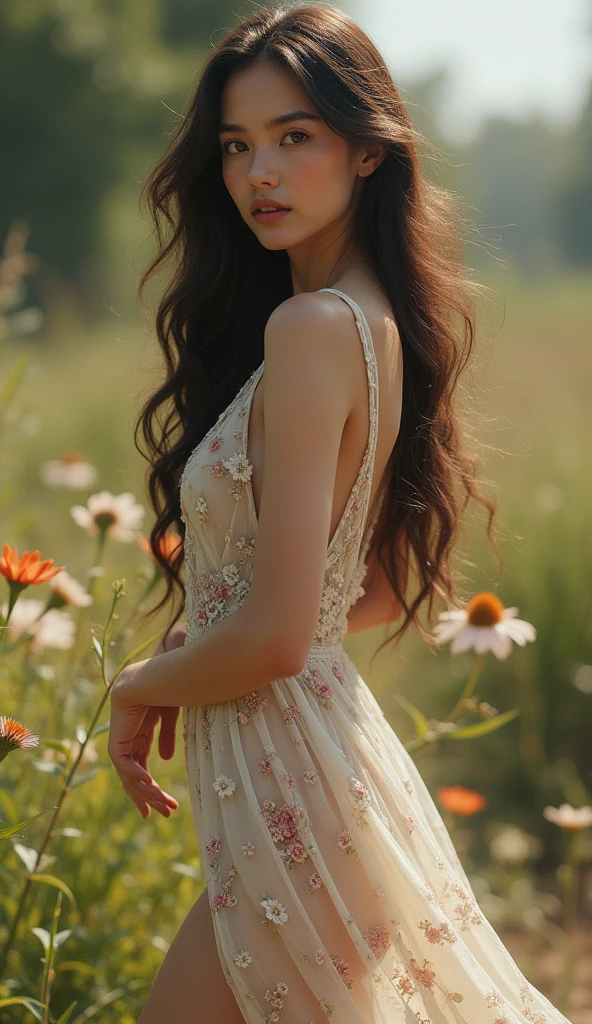 ((Highest quality, 8k, masterpiece: 1.3)), One person, Slender beauty: 1.3, (Long Hair: 1.2), Floral Dress, Long legs: 1.1, Very beautiful face, Beautiful Eyes, double eyelid, Outdoor