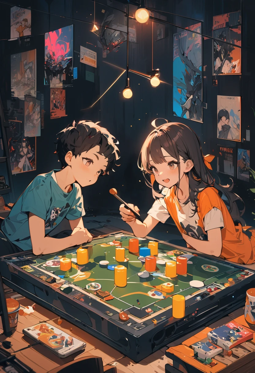 Two boys and girls playing board games，graphic design，Poster，Modern minimalist style，Fluorescent blackboard painting style， (best quality,4K,8k,high resolution,masterpiece:1.2),Extremely detailed。