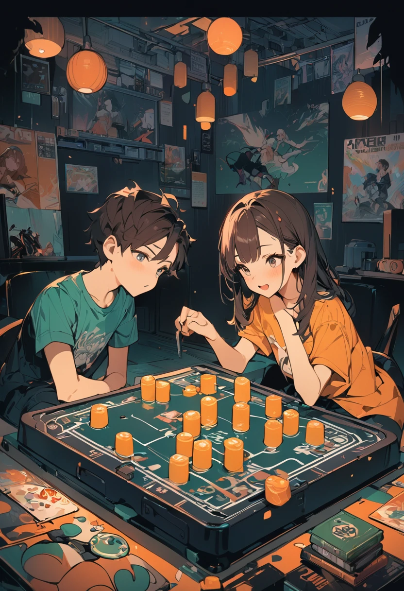 Two boys and girls playing board games,graphic design,Poster,Modern minimalist style,Fluorescent blackboard painting style, (best quality,4K,8k,high resolution,masterpiece:1.2),Extremely detailed。