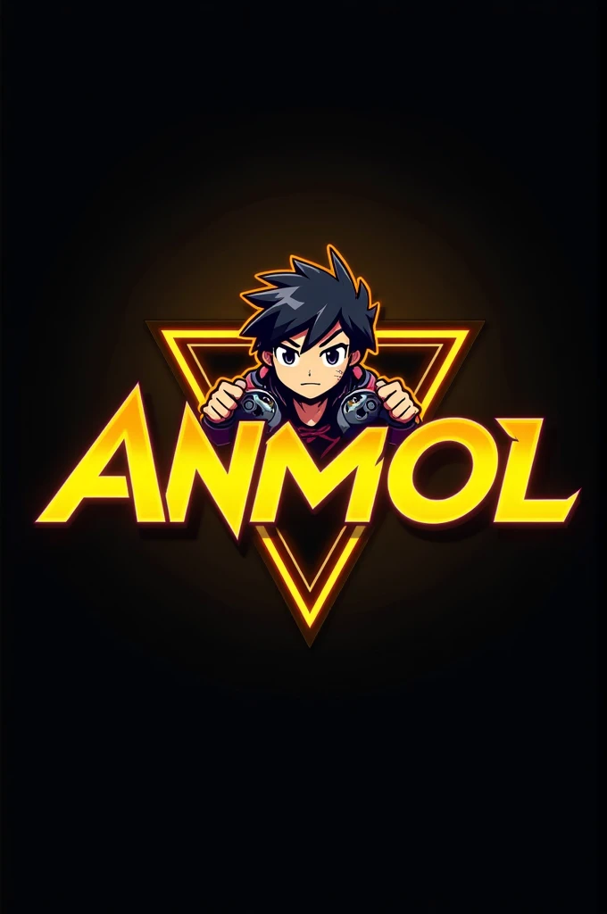 This is a gaming logo that features the name "Anmol" in a futuristic font and a neon Golden color. and Boy Anime avtar, The logo also has a stylized controller icon . The logo is designed to be attractive and eye-catching, and to appeal to gaming enthusiasts and