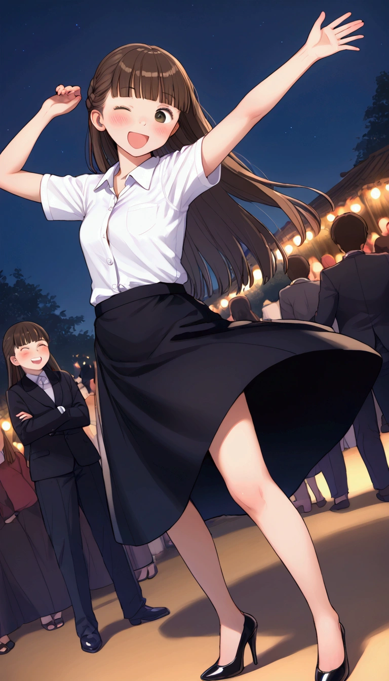 {Highest quality}, {so beautiful},{Ultra-fine},{Best illustrations},Brown Hair,Hime cut,Long Hair,Braiding,One Woman,Standing woman,Strike a Pose,Adult female,smile,Excited face,Wink,OL,suit,White Shirt,Short sleeve,Black straight long skirt,Night Festival,blush,thin,Black stiletto heels,From an angle,From behind,Woman with legs closed,Wave with one hand
