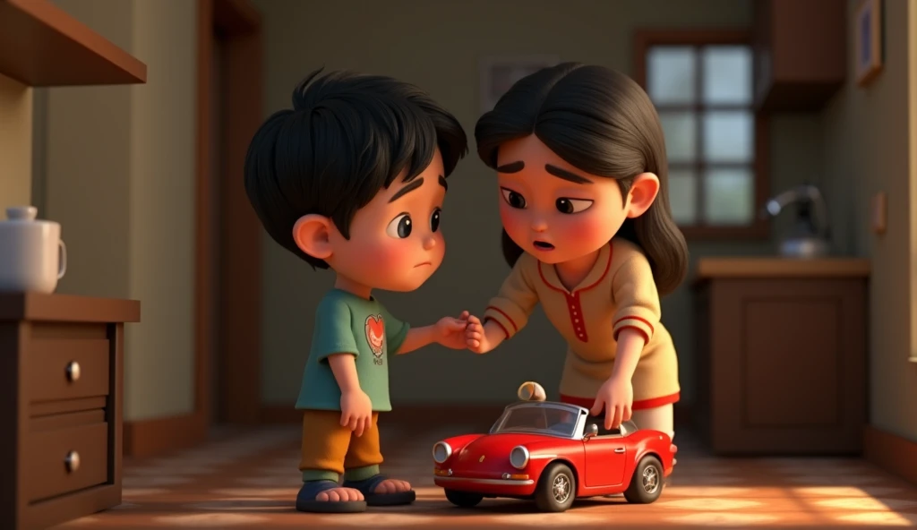 In 3d animation story "Rabi, a young boy, looking sad and dejected as he stands in his home, realizing his red toy car is lost. His mother is gently consoling him, her hand on his shoulder. The interior is simple, with soft lighting creating a melancholic mood."