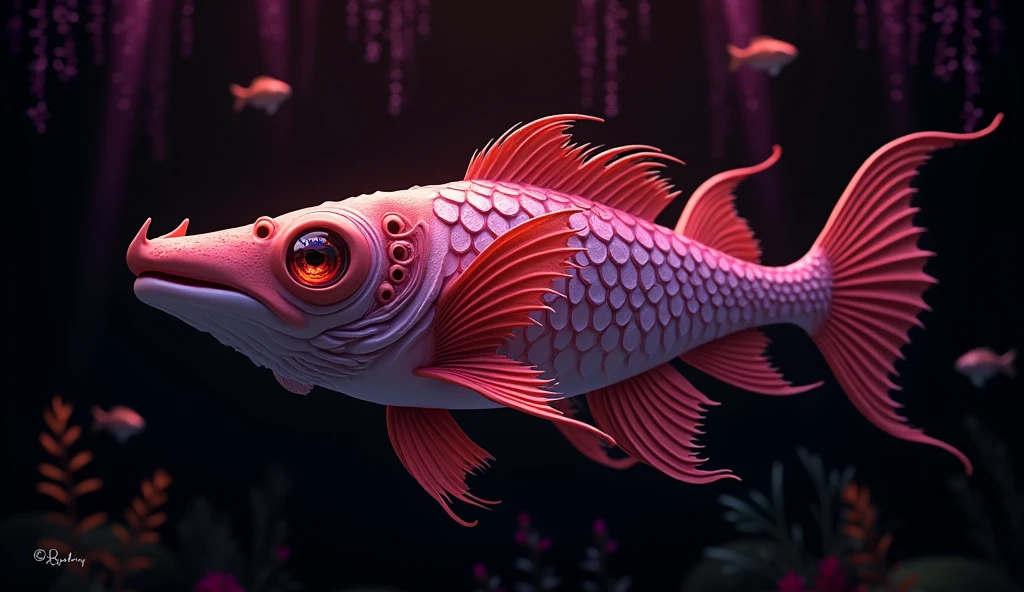 Giraffe fish，The tail and fins are red, Red scales on his back, Manjita smoke red light, Albino Mystic, Red scales, a purple fish, Beautifully detailed orixa, Kurumida Masami, purple mullet, She has rainbow scales, Rare fish, red realistic 3 d render, Betta, Colored zbrush rendering ，Spawn two fish,Then the background is the underwater world