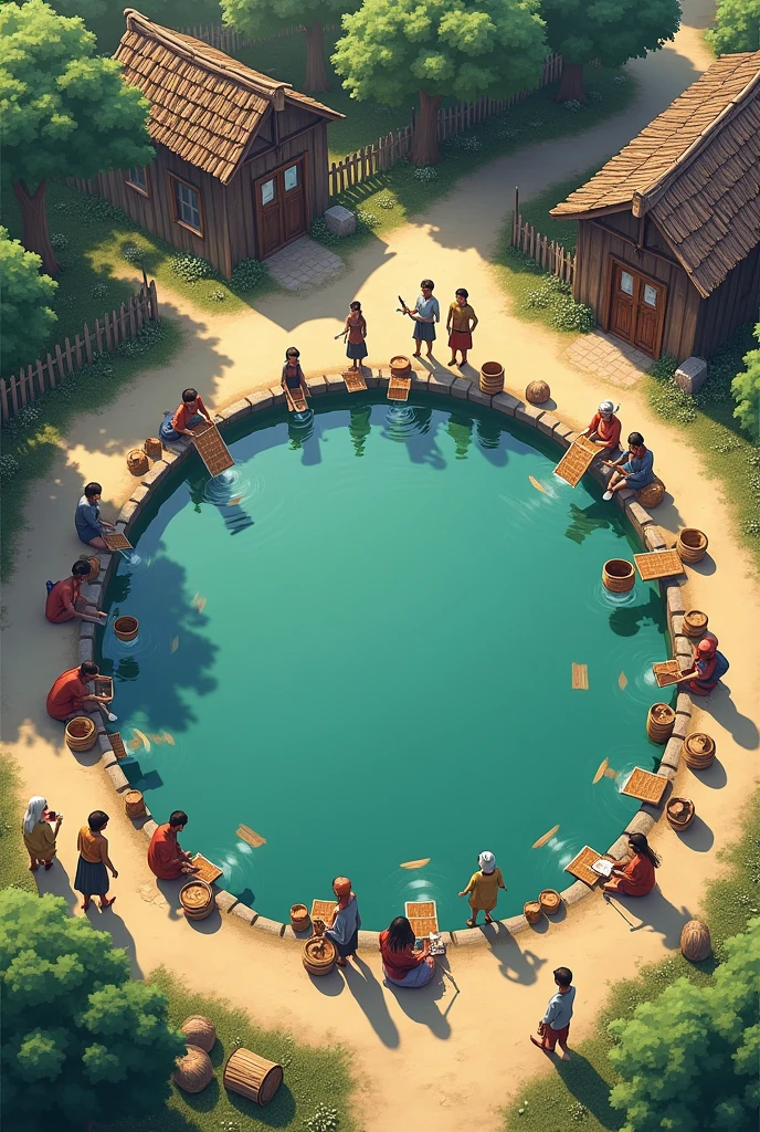 Village community drinking pond (40×50 meter)  exact square shape view from above .
