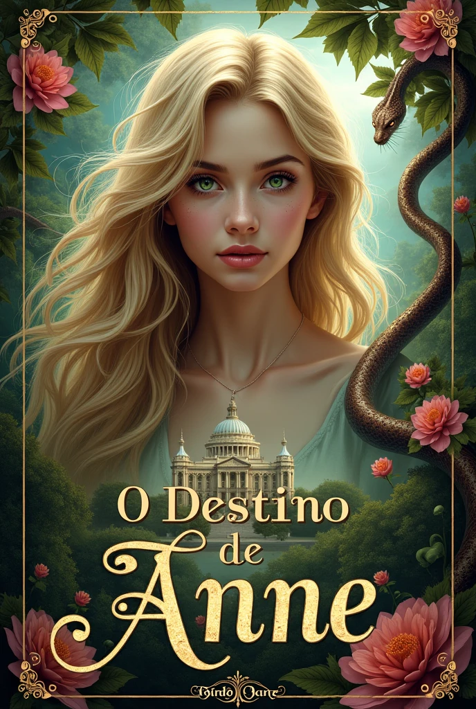 create the cover for my book Anne&#39;s Fate for me, My author name is Kelly Ramos, put flowers, palace and serpent, Anne is blonde with green eyes, wavyhair. Put the title in Portuguese. 