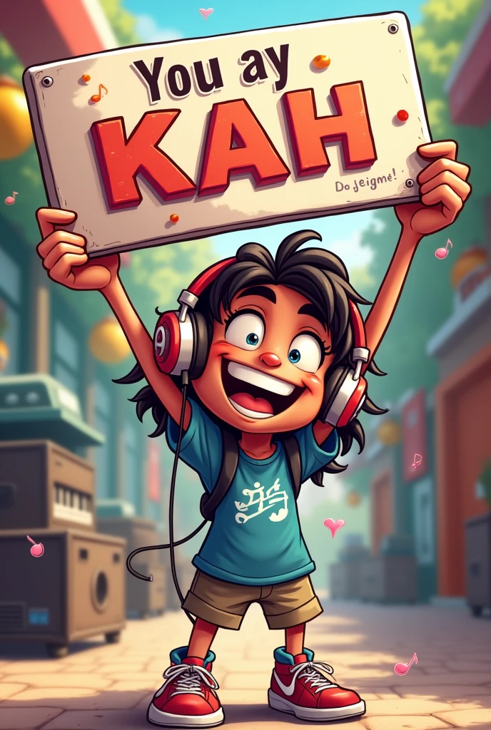 A cartoon character enjoying music holding a sign that says sertanejos nacionales by kah