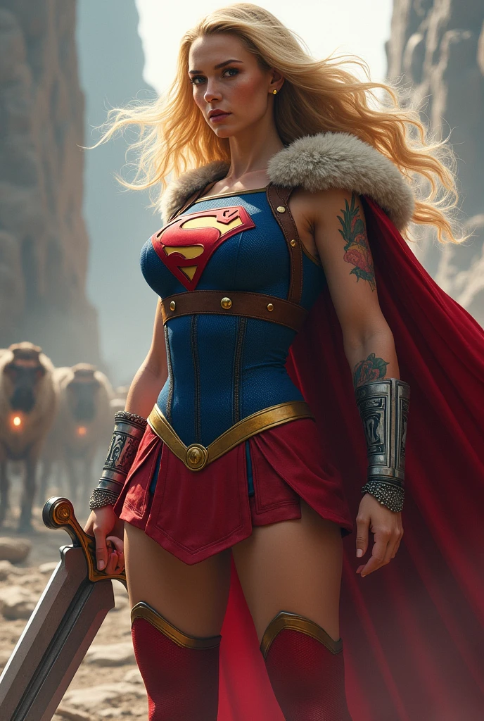 ((((Supergirl Woman of thick build with muscles in arms and legs)))),(((A beautiful woman with long blonde hair ruffled by the wind))),(((Blue corset with wide brown leather harness)))),((((Red legis)))),((((Red boots on sheepdog con borde)))),(((Sheepskin on his shoulders))),(((Tattoos on one of his arms)))),((((Giant Broad-Brimmed Sword)))),(((Red legis))),(((Red boots on sheepdog))),(((Blue corset with Supergirl emblem )))),((((Silver-colored metal bracelets oscuros)))),((((woman with a thick build, muscular arms and legs)))),((((Silver-colored metal bracelets))),(((((Sheepskin on his shoulders and a red cape))))),((((red cape)))),(((((Supergirl emblem on her chest )))))