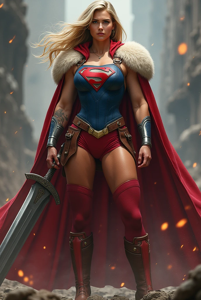 ((((Supergirl Woman of thick build with muscles in arms and legs)))),(((A beautiful woman with long blonde hair ruffled by the wind))),(((Blue corset with wide brown leather harness)))),((((Red legis)))),((((Red boots on sheepdog con borde)))),(((Sheepskin on his shoulders))),(((Tattoos on one of his arms)))),((((Giant Broad-Brimmed Sword)))),(((Red legis))),(((Red boots on sheepdog))),(((Blue corset with Supergirl emblem )))),((((Silver-colored metal bracelets oscuros)))),((((woman with a thick build, muscular arms and legs)))),((((Silver-colored metal bracelets))),(((((Sheepskin on his shoulders and a red cape))))),((((red cape)))),(((((Supergirl emblem on her chest )))))