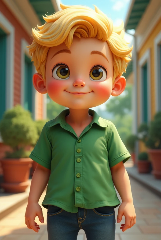 Gustavo white color, hair blonde, chubby green blouse, jeans, In school