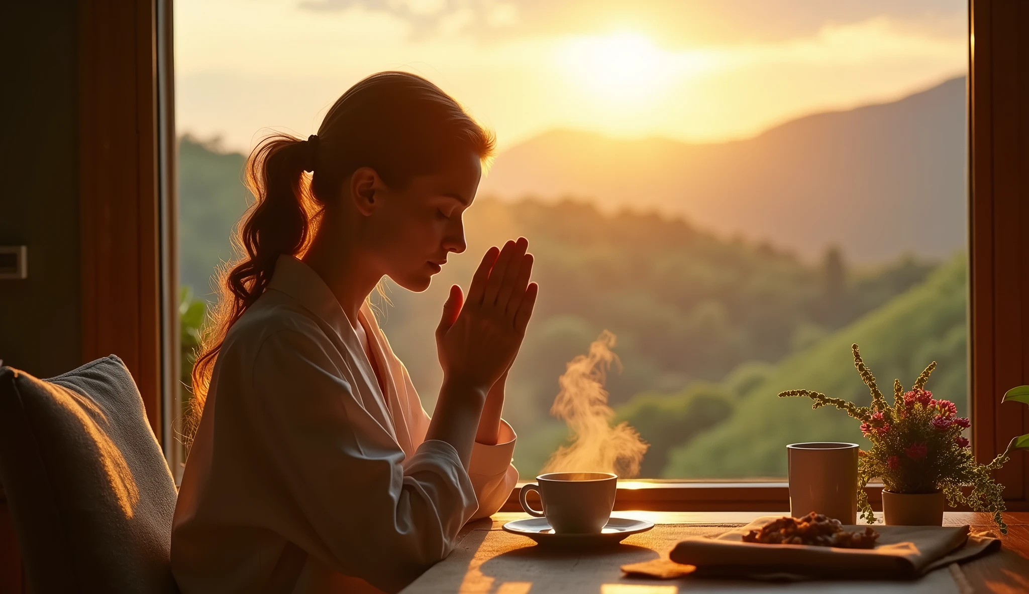 an image closeup of a woman in prayer having breakfast in front of a window at home with a beautiful landscape outside. yellow tones