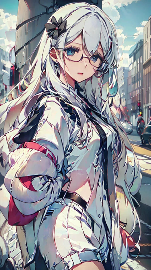 anime style , Shiroi Hana Hikaru, 1 girl, bee, abundant white hair, long bangs,  two white horns on the head, ((He has big circular glasses)), white beret on head, bandages on the arms and bandages on the forehead, sky blue eyes, She is wearing a grey top and black shorts, black sneakers with slats, serious and worried look