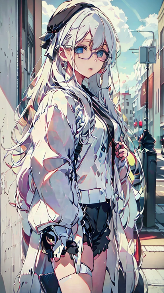 anime style , Shiroi Hana Hikaru, 1 girl, bee, abundant white hair, long bangs,  two white horns on the head, ((He has big circular glasses)), white beret on head, bandages on the arms and bandages on the forehead, sky blue eyes, She is wearing a grey top and black shorts, black sneakers with slats, serious and worried look