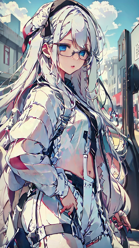 anime style , Shiroi Hana Hikaru, 1 girl, bee, abundant white hair, long bangs,  two white horns on the head, ((He has big circular glasses)), white beret on head, bandages on the arms and bandages on the forehead, sky blue eyes, She is wearing a grey top and black shorts, black sneakers with slats, serious and worried look