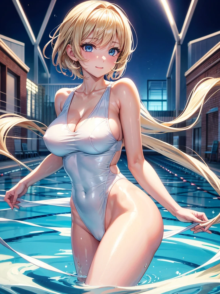 Anime style, super fine illustration, super clear illustration, highly detailed, beautiful detailed, super pale tone image, super delicate illustration, super calm & static image, static representation, gentle expression, 8k, pretty 1girl with blonde straight short hair & blue eyes & a bright smile & Big breasts & nipples & soft fair skin & (shiny skin : 1.6) is wearing the competitive swimsuit in the swimming pool, Olympic, happy stories, solo, perfect fingers, no more fingers, no less fingers, perfect arms, no more arms, no less arms, perfect legs, no more legs, no less legs, no more hair, no more clothes, masterpiece,