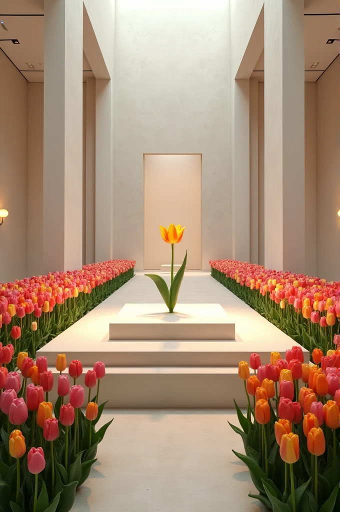 A model of an art installation with tulips and an altar highlighted with a special tulip