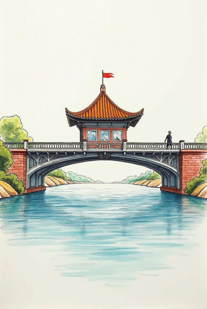 drawn in the form of a colored drawing, side view of a bridge with a guardhouse in the middle of the bridge and a person standing on the right end of the bridge