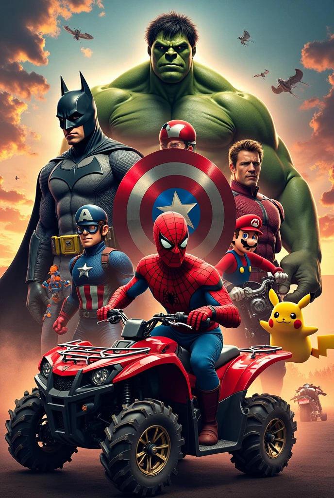 Poster with différents Heroes : Batman, Spiderman, Captain-América, Hulk, Super Mario Bros, Pikachu, a quad, a moto and the surname "Aaron" ; not other personnages 