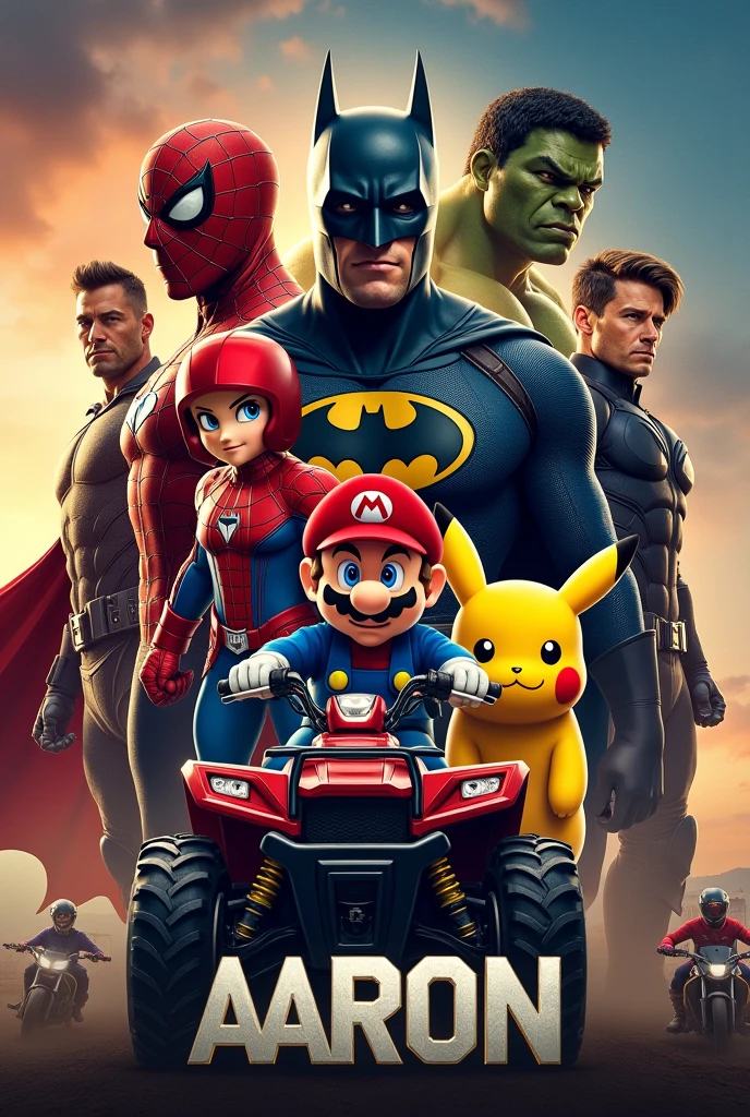 Poster with différents Heroes : Batman, Spiderman, Captain-América, Hulk, Super Mario Bros, Pikachu, a quad, a moto and the surname "Aaron" ; not other personnages