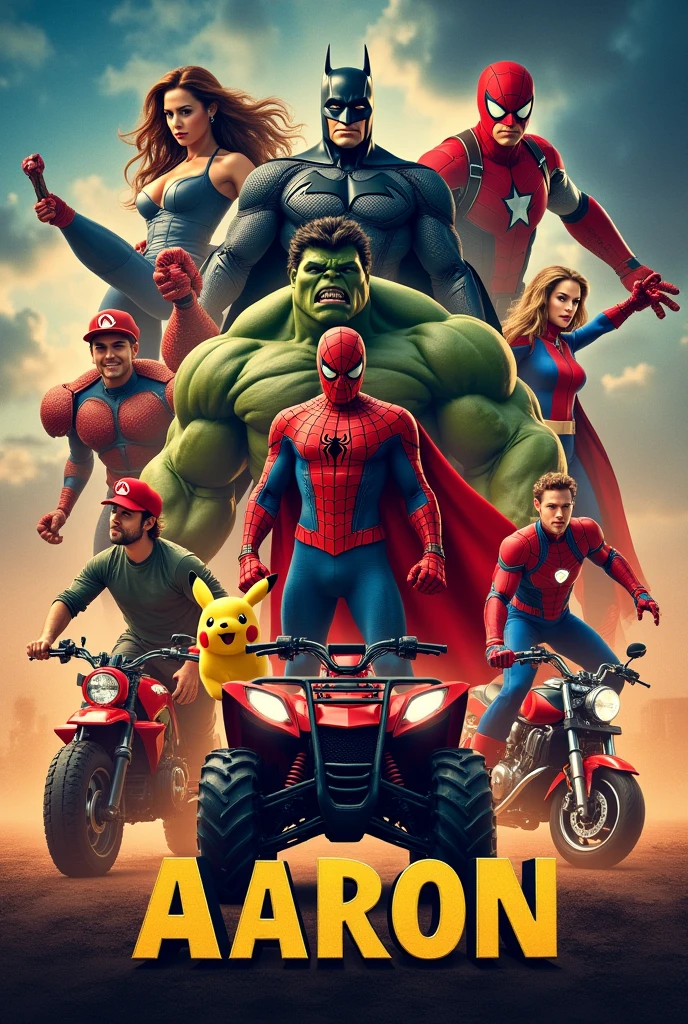 Poster with différents Heroes : Batman, Spiderman, Captain-América, Hulk, Super Mario Bros, Pikachu, a quad, a moto and the surname "Aaron" ; not other personnages 