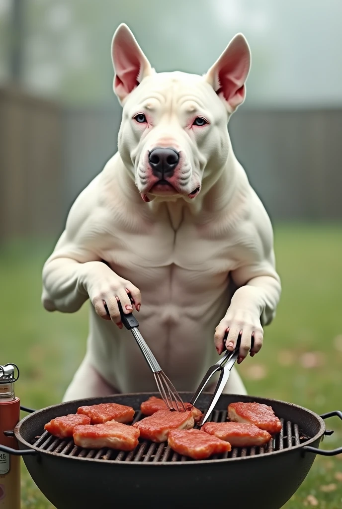 White bull terrier grilling meat 
