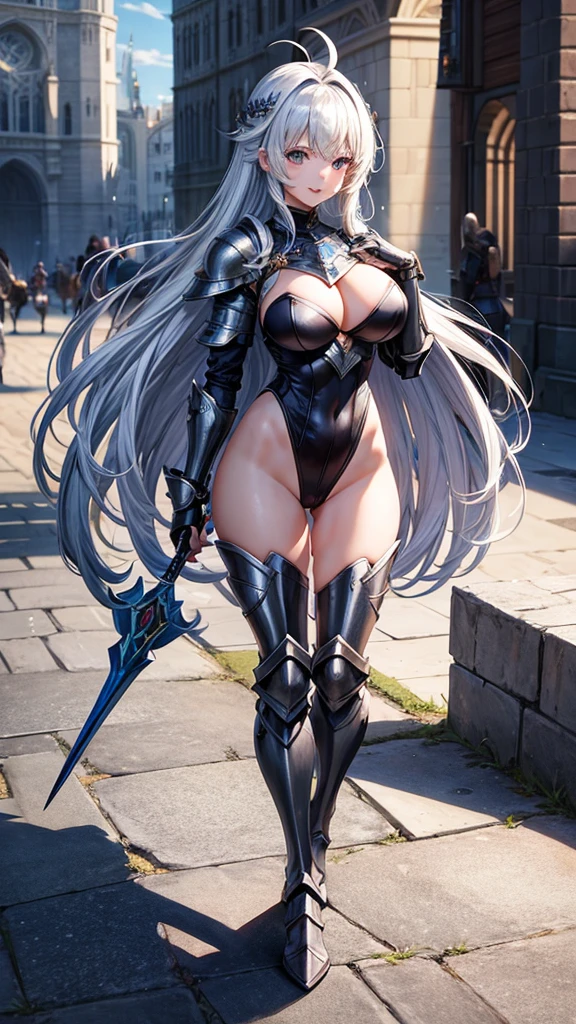 Woman knight、a beauty girl、huge tit、Excellent style、Nice Buddy、glamorous、leotard、s Armor、Shoulder rest armor、Bra chest armor、knee boots、gauntlets、hair adornments、silber hair、Longhaire、Ahoge、is standing、full body seen 、Medieval city、Walking、slightly open mouth、a smile、