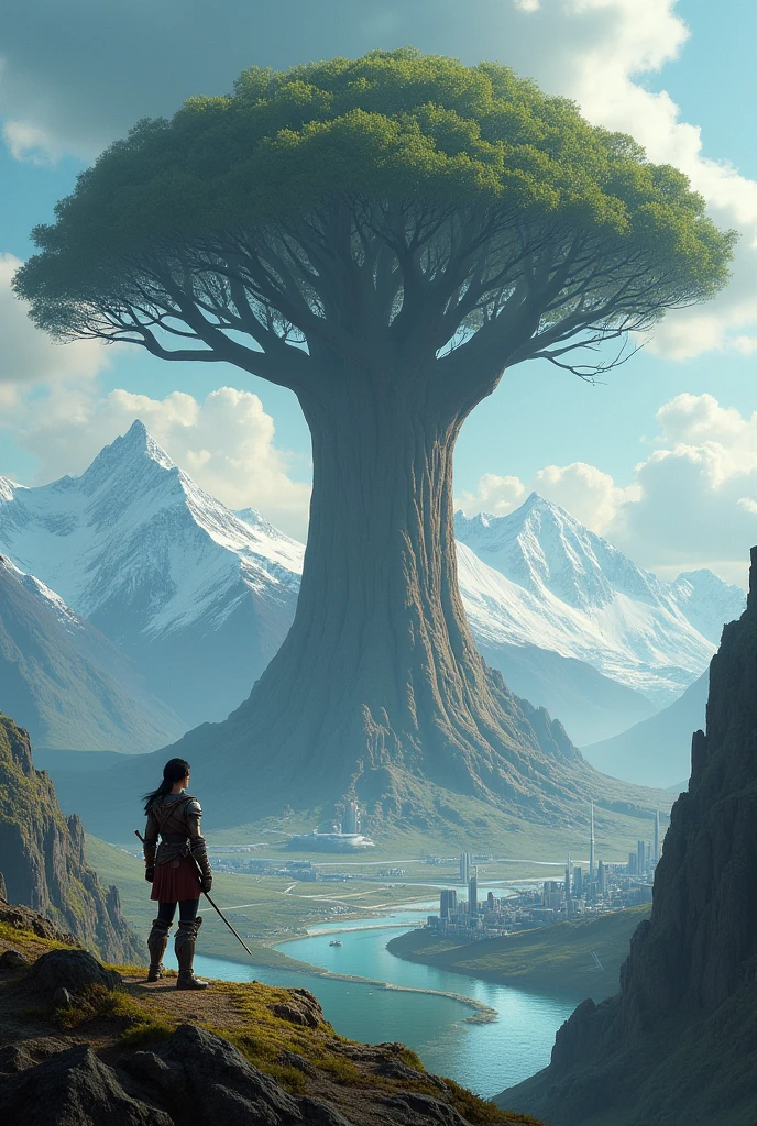 Create a hyper-realistic and highly detailed fantasy world scene where a female warrior is seen from a very great distance looking at a colossal tree, standing 10 kilometers tall. Below this tree, there is a range of snow-covered mountains enveloped by clouds. Beneath these mountains lies a futuristic modern city with a river flowing through its center. The focus of this photo is primarily on the incredibly large and tall tree, and secondarily on the female warrior. The scene should convey a sense of awe and the vastness of the landscape, with sharp contrasts between natural and futuristic elements.
