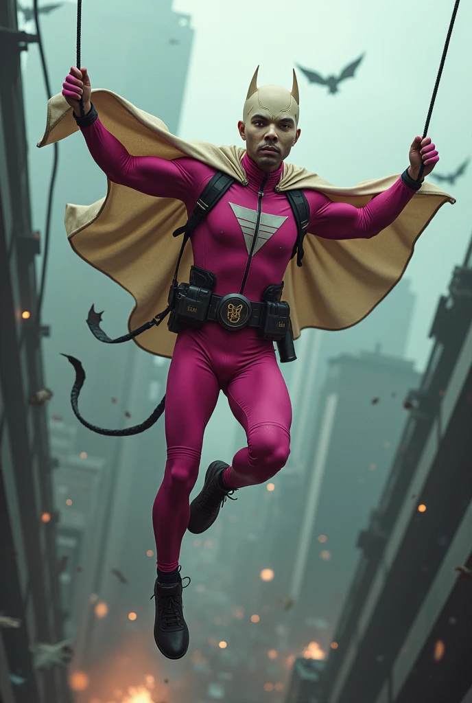 Malaysia man in high-tech suit, vivid effects, malaysian superhero (KELUANG MAN) in a striking pink and beige costume cyberpunk design, mask small mini bat ear beige, daredevil beige mask, jumpsuit dark pink stands confidently in a dramatic.jumping from high place.hero costume.one hand rise up. Big triangle logo on the chest.high detail Punisher logo on the chest. Fighting pose , stormy landscape. ((Head covered node guard like batman. Running pose , athletic body type, small mini ear bat mask))The character wears domino mask a helmet with pointed mini torn ears and a flowing cape biege, open nose and mouth. Equipped with visible futuristic weapons on a belt,bullet proof jacket pink dark day.show fingers pose, dark night, big supermoon effect . Small logo on chest triangle shape small punisher logo center triangle cyber logo center on chest pink logo mini logo . rocky. Building top.smoke ground , bomb effect background, losse pants, losses costume.adding to --ar 3:4 --style raw --stylize 500 --v 6.1. chaos. Lot of small flying bat. One leg on the high stone. Man . Real man age 40 year old. One hand holding belt.one hand holding black rope hanging on building