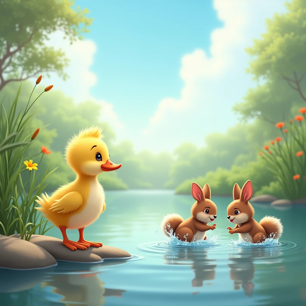sunny day with blue sky, little duck watching little brown bunny and squirrel splashing water by the lake