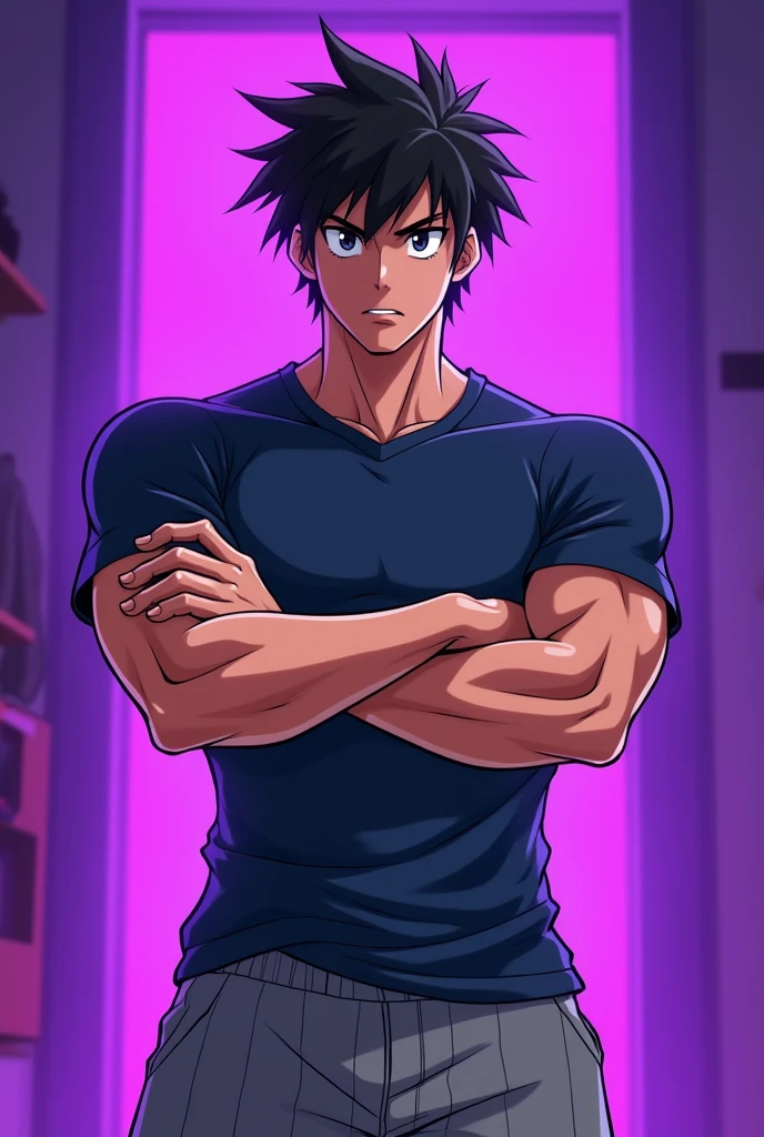 Skinny Muscular teenage anime character standing facing front hand cross with dark blue full sleeve T shirt folded to forearms and grey pajama with purple background 