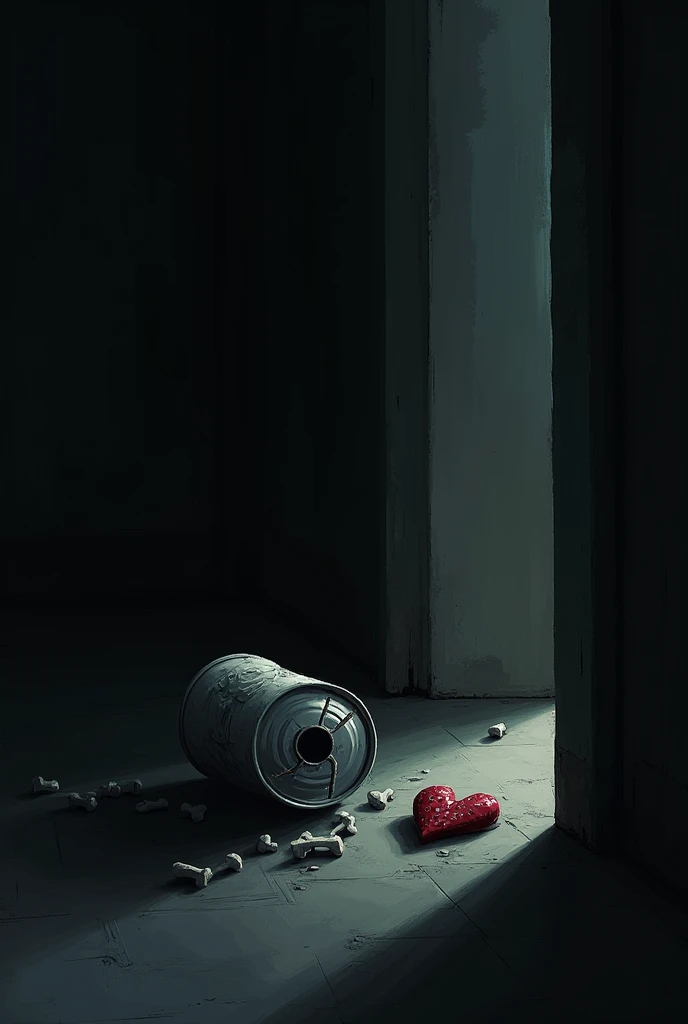 crushed can in the shadows. Make it like crushed crushed in the shadows. The door is open a bit and a bit of light is coming in. But like make it depressing. Add something sbout heart made if bones too