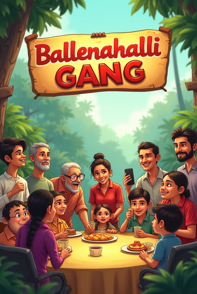 In family uncle aunties and cousins  kidding meeting  pictures  in title = Ballenahalli  gang in stylish title logo  in village meeting nature  just funny cartoons