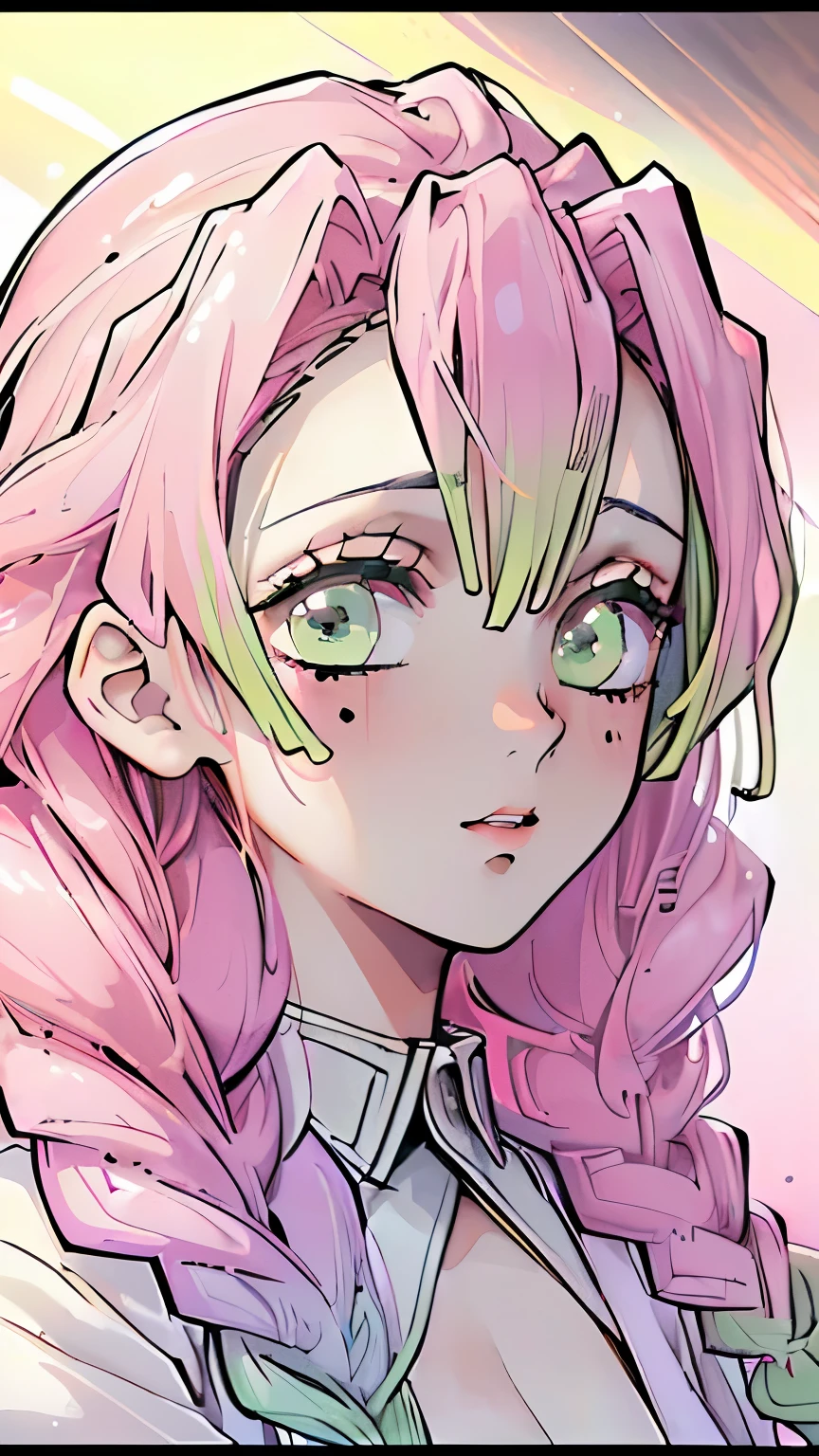 (best quality,4k,8k,highres,masterpiece:1.2),ultra-detailed,(realistic,photorealistic,photo-realistic:1.37) mitsuri kanroji,formal photo,half body portrait,face portrait,face detailed,wearing a lingerie,blushing face,pastel colors,portraits,vivid colors,midday lighting,sexy, middle bust, pink and green mixed hair