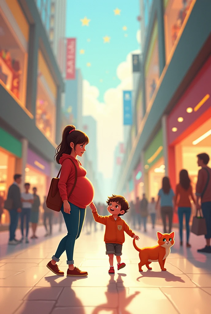An adorable cat illustration, a pregnant woman, in huge vibrant mall, with her six year ???, shopping 
