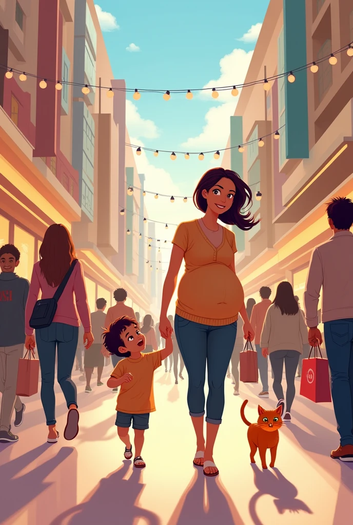An adorable cat illustration, a pregnant woman, in huge vibrant mall, with her six year , shopping