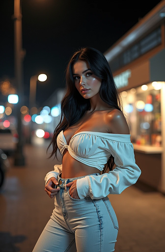 A beautiful Instagram model, (long black hair, wearing a beautiful outfit) , full body view, ((big boobs)), (hourglass figure), (white girl), detailed face, beautiful eyes, luscious lips, cinematic lighting, photorealistic, highres, 8k, (best quality:1.2), (realistic:1.37) , (full body view)