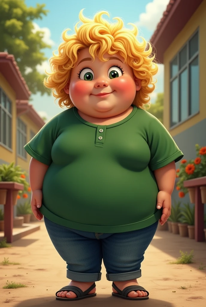 Gustavo white color, hair blonde, chubby green blouse, jeans, at Gordo school