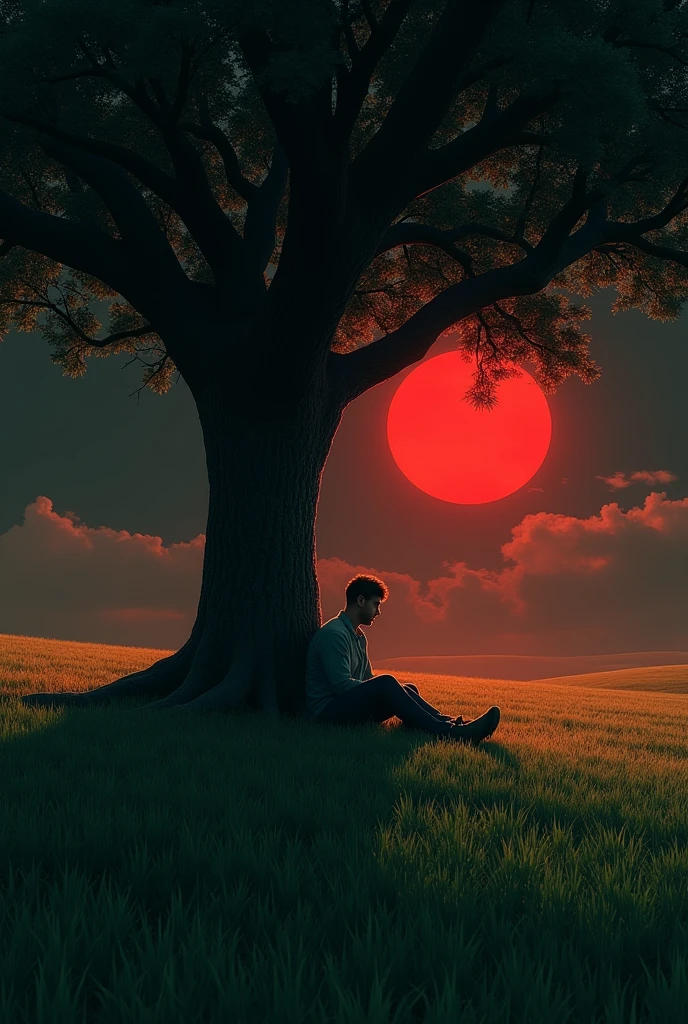 A green field, a man sitting under big tree shadow,black sky,red sun.