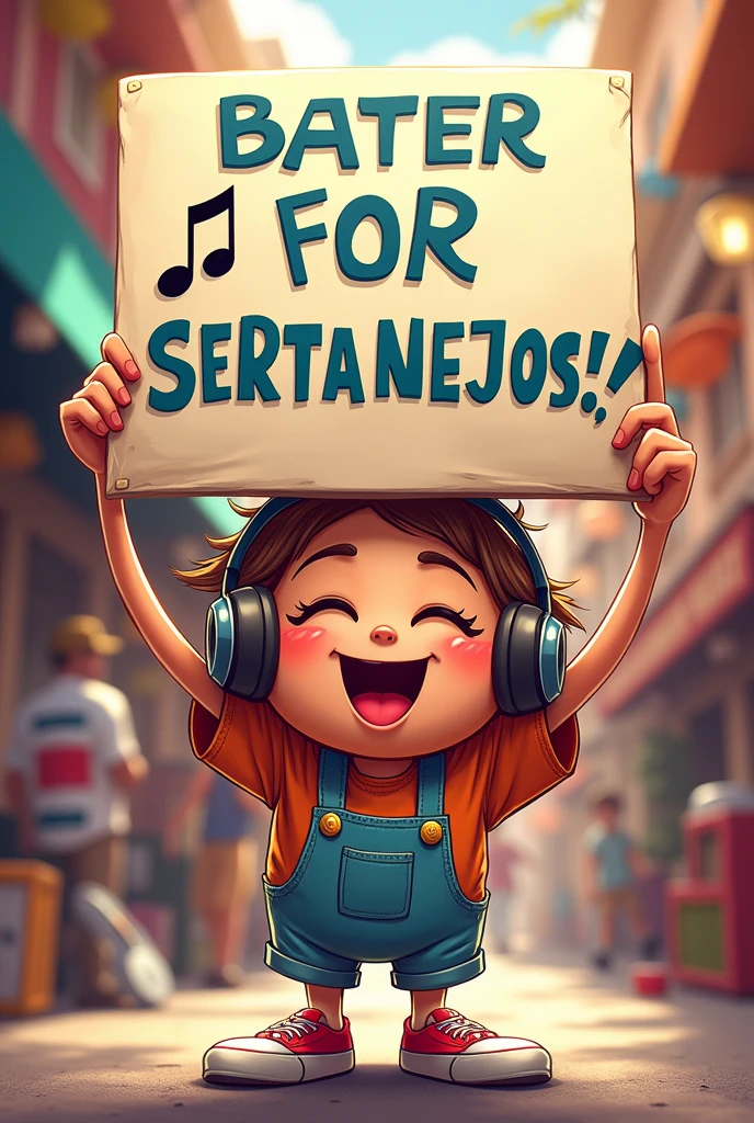 A cartoon character enjoying music holding a sign that says sertanejos nacionales by kah