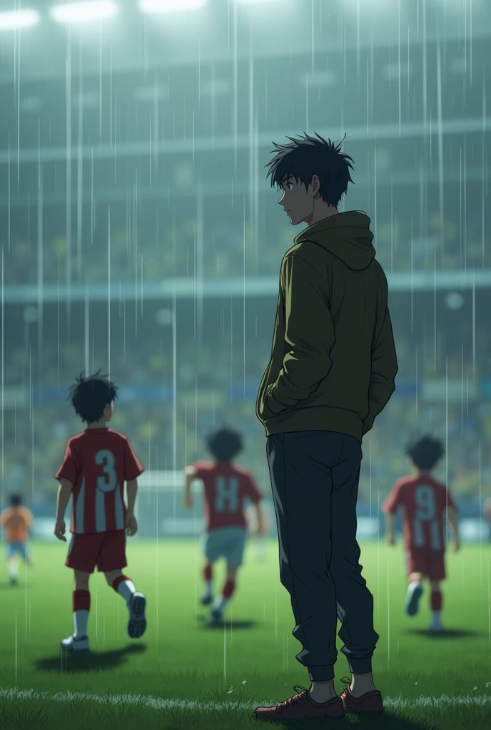 Adult Man looking at the playing football in the rain anime style