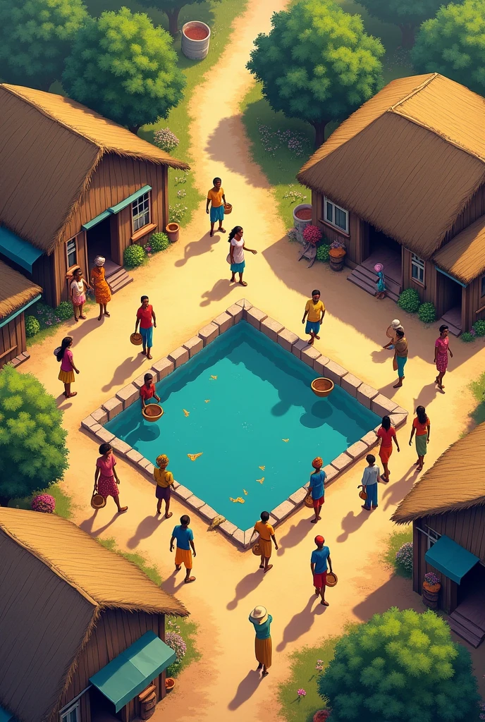 Village community drinking pond (40×50 meter) square shape view from above .