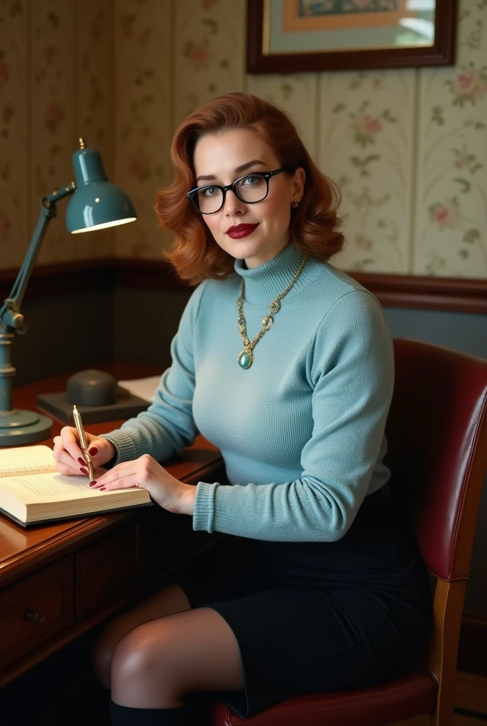 professionally color graded photo. Amy Adams. Night time. wearing half frame reading glasses. Sitting at a vintage desk in a vintage office chair. reading a book. Modesty. in a den with vintage wallpapered walls. (Wearing light blue colored tight fitted sweater). cleavage. wearing (elbow length black tight leather gloves). Black knee length skirt. wearing black leather knee high heel boots. pantyhose. aquamarine pendant necklace. Smoky eyeshadow. heavy eyeliner. dark red lips. light from small banker lamp on desk. Detailed hands. view from front and above. Smiling. Accurate proportions.