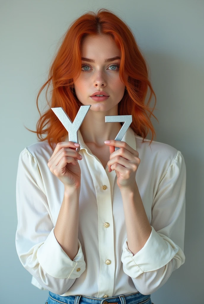 Red-haired woman with blue eyes, white blouse, short jeans, holding the silver letter Y in his right hand and the silver number 7 in his left hand