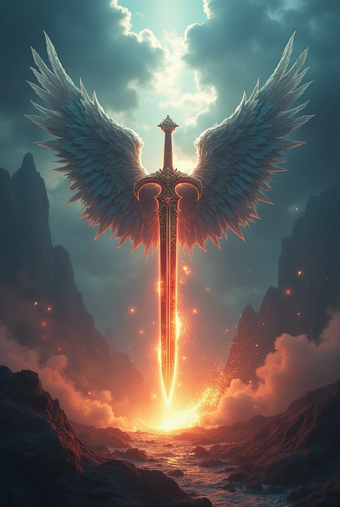 (photorealism:1.2), hell and heaven wings sword in middle make unique without figures of human or any skeleton