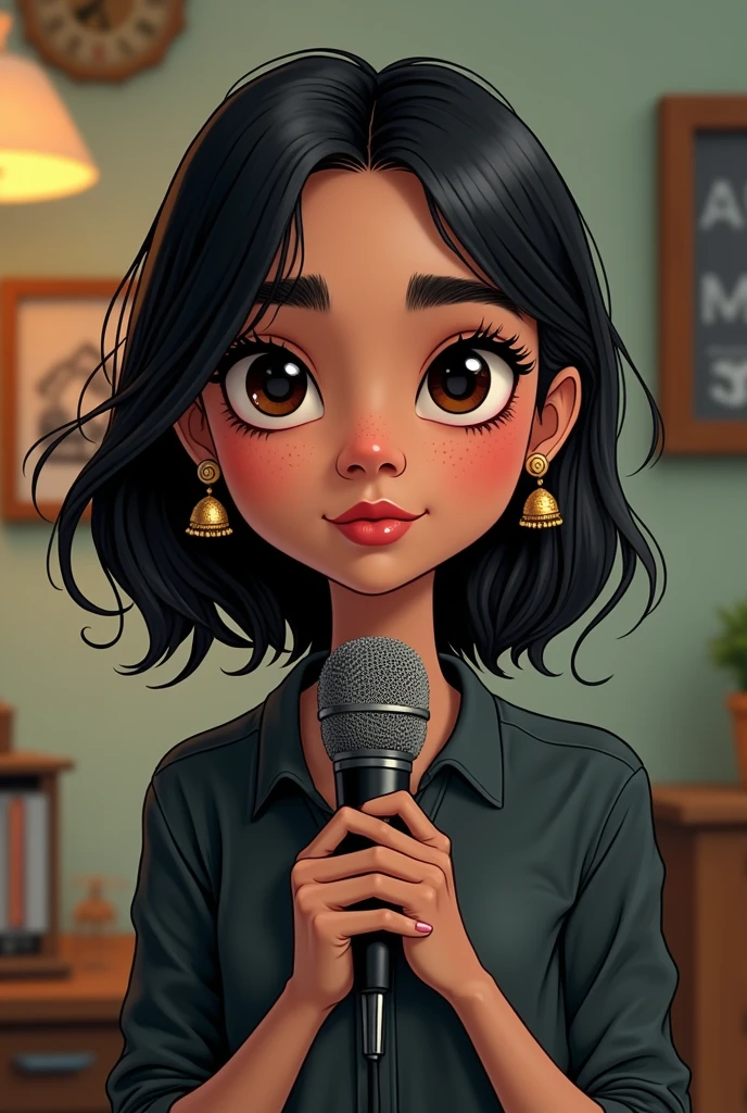 a desi touch, a brown girl with medium thick eyebrows, light skin, small nose, small but heavy lower lip and dark shirt hair with jhumka earrings minimal alt clothing and desi background and icon picture for a podcast with a girl and a mic tim-burton cartoonish simple style