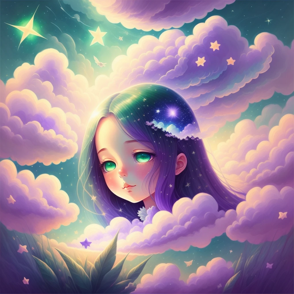 dreamy sky, clouds,soft clouds, As estrelas, surrounded by clouds, Long Hair Purple, pale green eyes, gossamer, fairytale illustration, A masterpiece in brilliant light, Sweet Dream,Stunning art, The art of magic, fairytale artwork, inspirational artwork, exquisite artwork