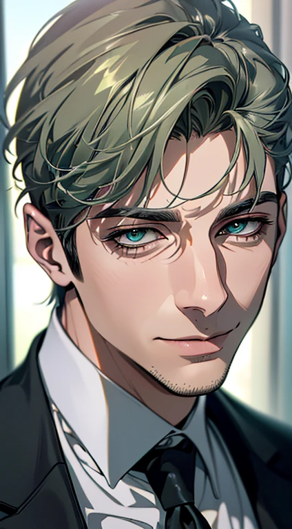 (best quality,4k,8k,highres,masterpiece:1.2),ultra-detailed,(realistic,photorealistic,photo-realistic:1.37),1 man,3,mature man,very handsome,without expression,smile,short grey green hair,blue eyes,penetrating gaze,perfect face without errors,imposing posture,businessman,office background,cinematic lighting,hdr image