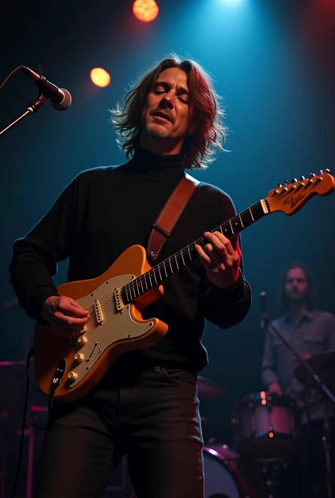 A mid 30 man with
shoulder-length wavy hair, dressed
in a black turtleneck and jeans,
passionately playing the guitar on
stage in a dimly lit indie music venue.