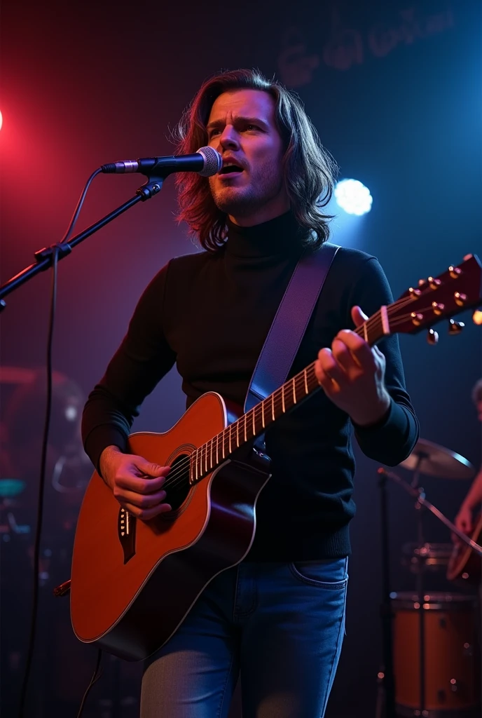 A mid 30 man with
shoulder-length wavy hair, dressed
in a black turtleneck and jeans,
passionately playing the guitar on
stage in a dimly lit indie music venue.
