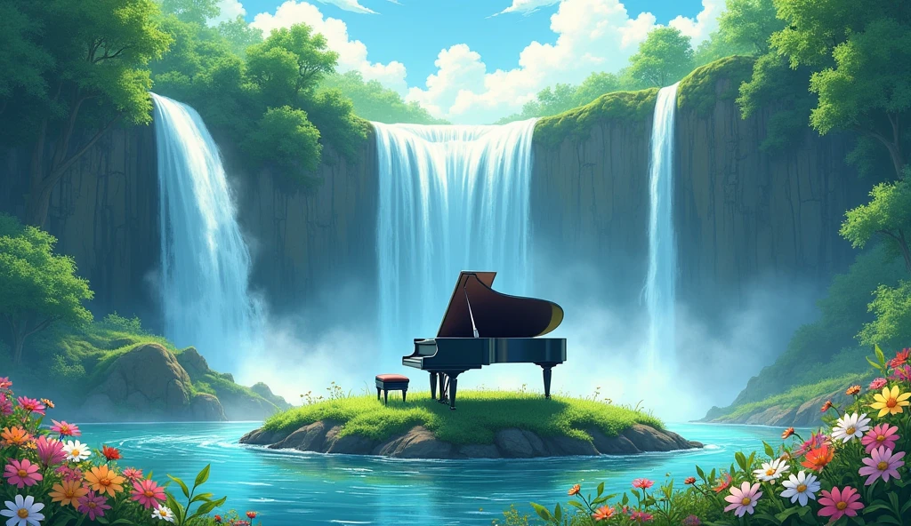 This image is、I draw tranquil natural scenery.。In the center is a grand piano placed on the island.、A waterfall cascades in the background.、Lush tree々It is surrounded by。In the foreground there are colorful flowers、The soft light of early morning or evening envelops the whole.。This scene、It creates a peaceful and magical atmosphere.。Fantastic watercolor style。Makoto Shinkai-style anime。Green foliage tree