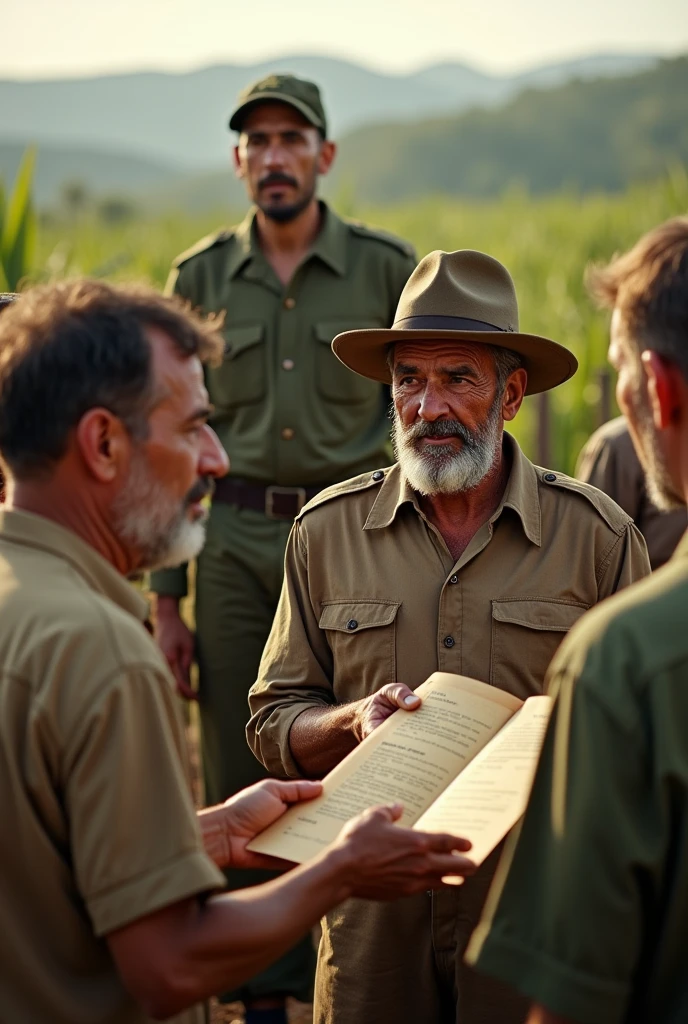Cuban peasants receiving land, with Fidel Castro in the background